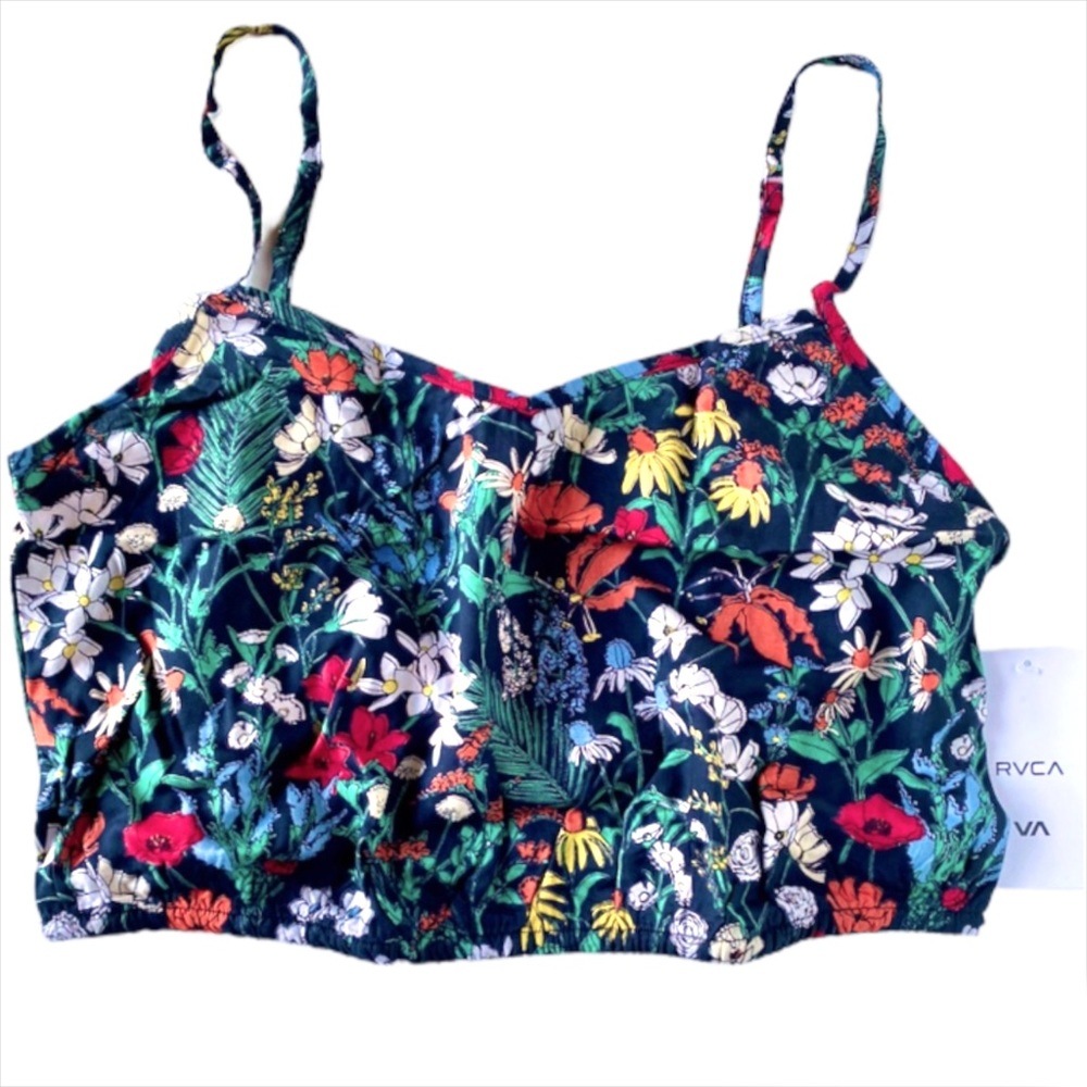 ✨HP✨🆕 RVCA | Vibrant Black & Turquoise Floral Tracker Crop Tank Top. - Picture 2 of 12
